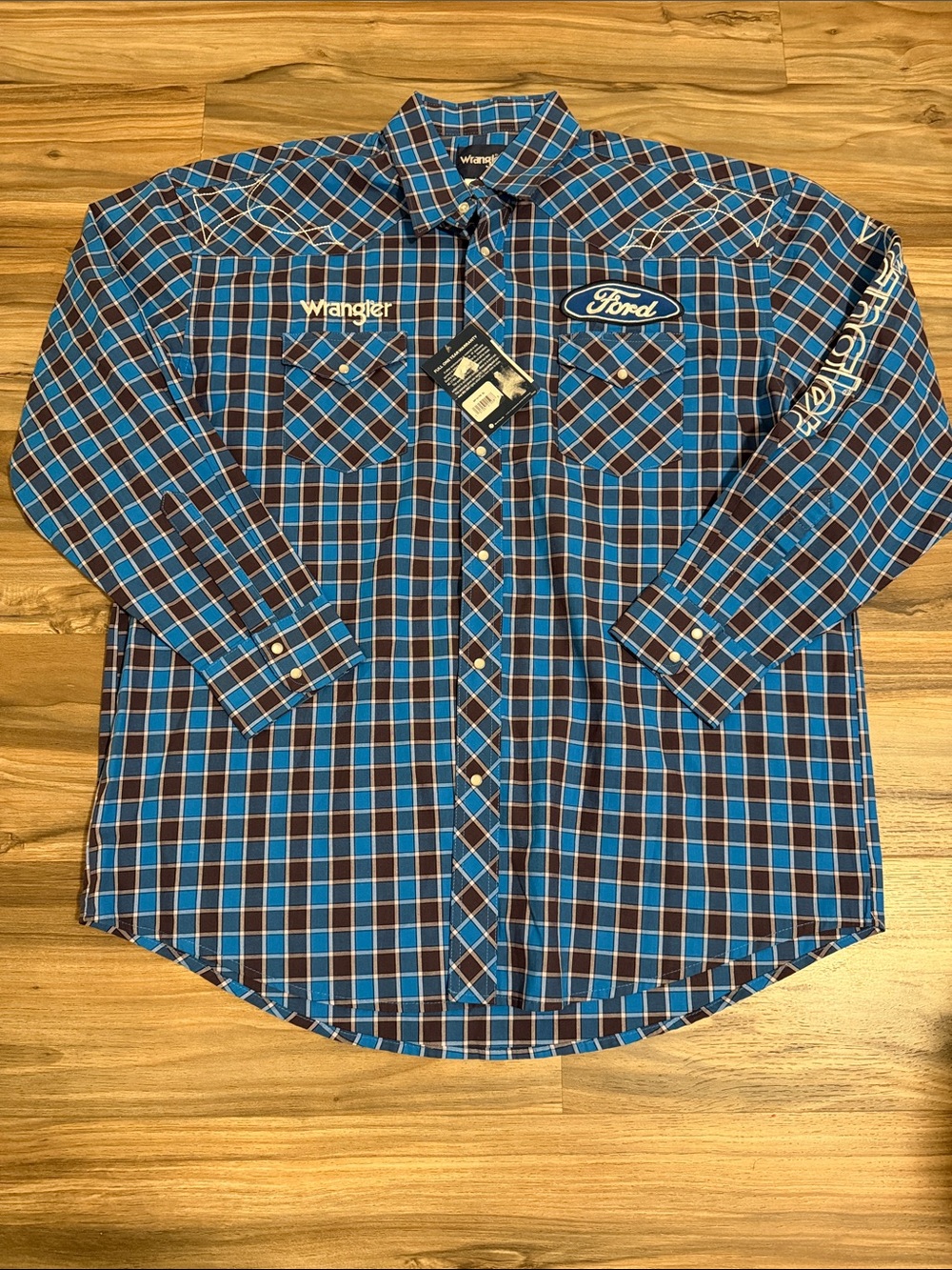 Wrangler® Ford Logo Blue/Black Grid Long Sleeve Pearl Snap Shirt Western NWT